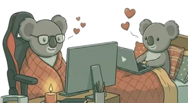 A cute koala couple watching together remotely; one is sitting at a PC and the other is in bed with a laptop, with flying hearts between them