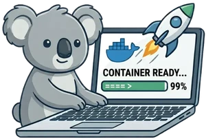 A cute koala sitting at a laptop deploying a Docker container for self-hosting