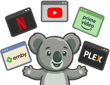A cute koala juggling multiple browser tabs showing streaming platforms